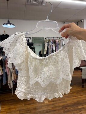 Aqua White Lace Off-Shoulder Crop Top